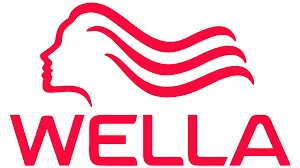 Un logotipo de Wella con cabeza y cabello de mujer.
