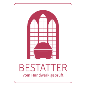 Maroon BESTATTER logo with a funeral home window and coffin, text “vom Handwerk geprüft”