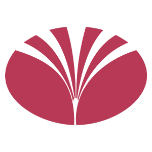 Abstraktes rosafarbenes, blumen- oder muschelförmiges Logo mit symmetrischen Blütenblättern auf weißem Hintergrund