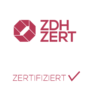 ZDHE ZERT-Logo mit „ZERTIFIZIERT“ und einem roten Häkchen auf weißem Hintergrund