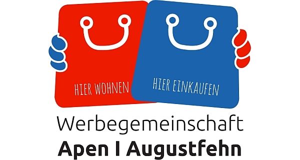 Logo mit roten und blauen Einkaufstaschen: „Hier wohnen“, „hier einkaufen“, Werbegemeinschaft Apen | Augustfehn