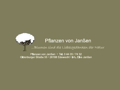 Logo für „Pflanzen von Jansen“ mit einem weißen Baum auf olivgrünem Hintergrund und Kontakttext