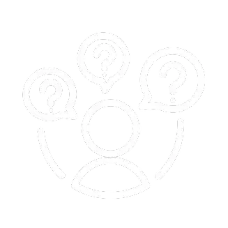 Un dibujo de un grupo de personas con globos de diálogo y un signo de interrogación.