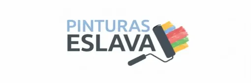 Logotipo de Pinturas Eslava que muestra el nombre de la marca en texto azul y negro con un rodillo de pintura