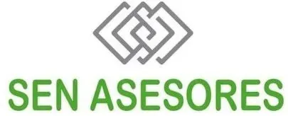 Logotipo para SEN ASESORES, que presenta cuadrados grises entrelazados sobre texto verde.