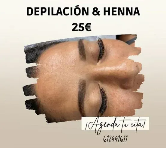Servicio de depilación de cejas y henna, con un precio de 25€.