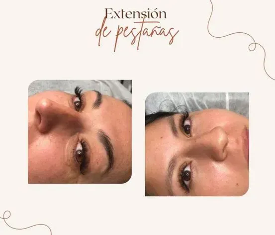 Antes y después de las extensiones de pestañas. Primer plano del rostro de una mujer. El ojo izquierdo muestra pestañas cortas y el derecho, pestañas más largas.