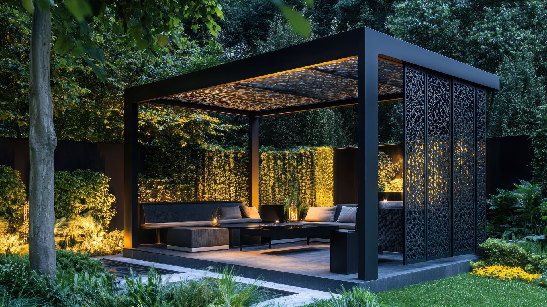 Une pergola en acier installée dans le jardin