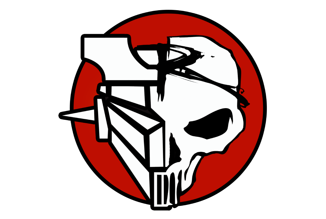 Cr&aacute;neo blanco y martillo dentro de un c&iacute;rculo rojo.