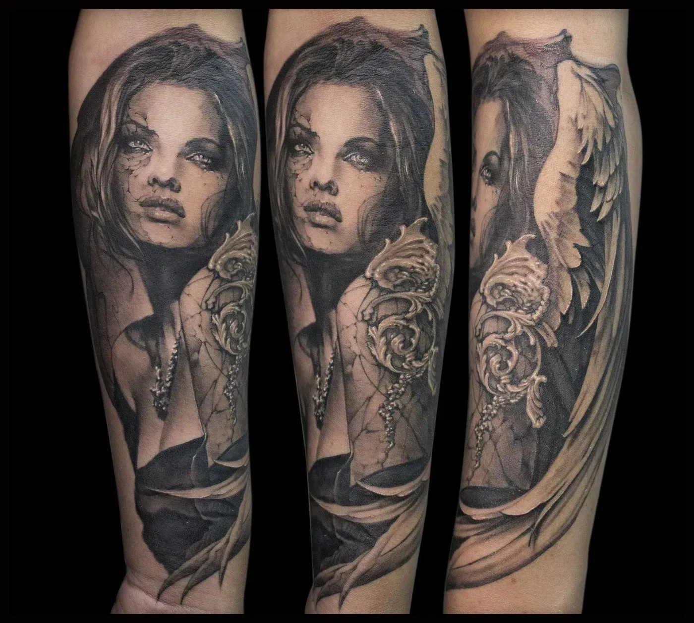 Tatuaje de una mujer con rostro detallado y diseño floral en el hombro en el antebrazo, sombreado oscuro.