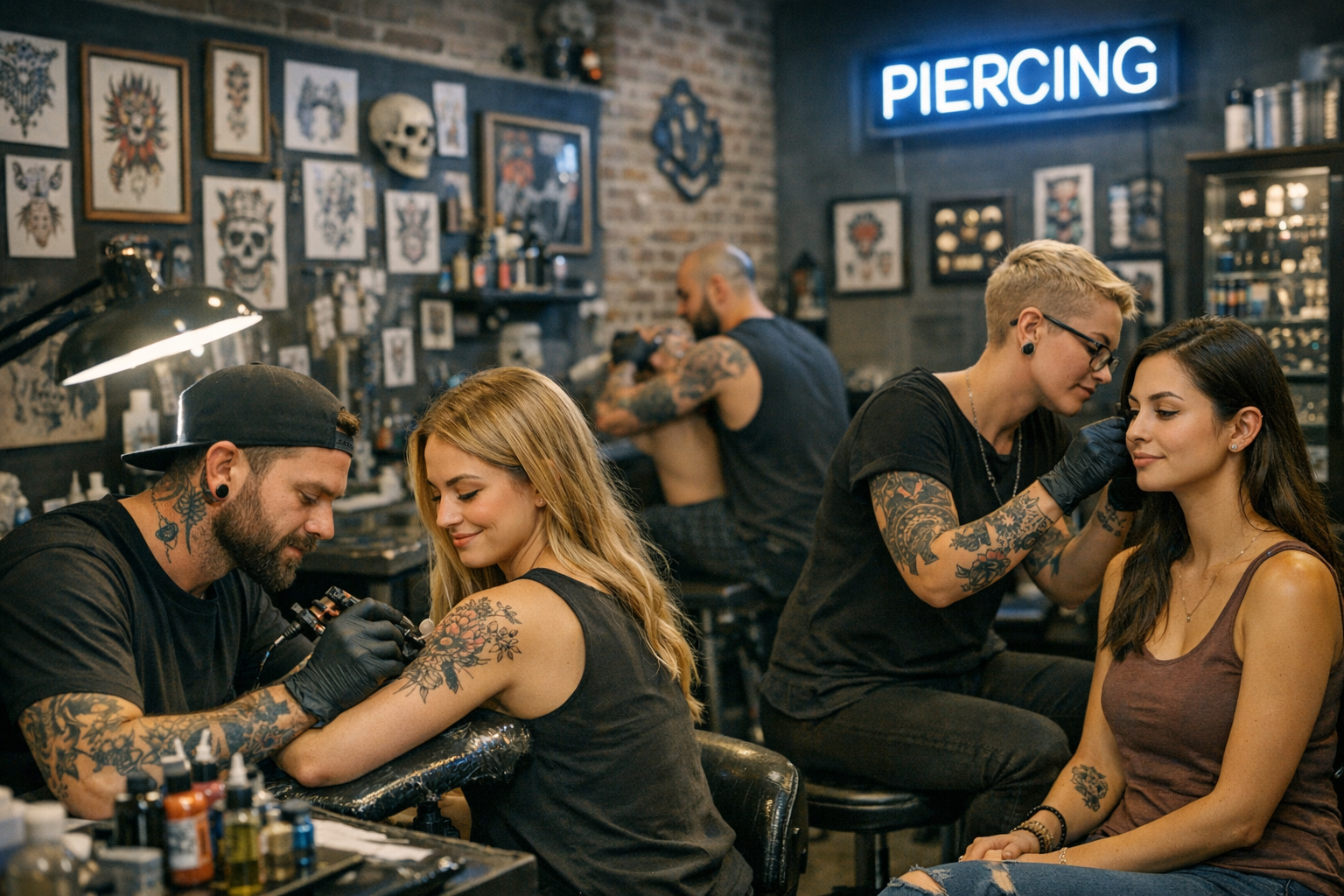 Estudio de tatuajes y piercings con artistas trabajando en clientes, letrero de neón 