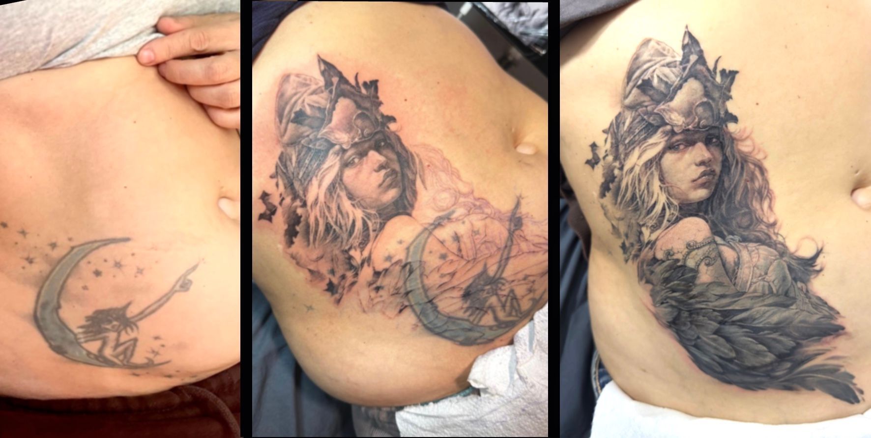 Tres tatuajes en la espalda, uno al lado del otro, de un lobo y una luna creciente en tinta negra y gris.