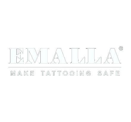 Logotipo de EMALLA: Texto delineado en blanco sobre un fondo blanco, 