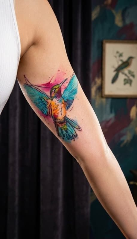 Tatuaje de mariposa colorida en la parte superior del brazo sobre un fondo oscuro.