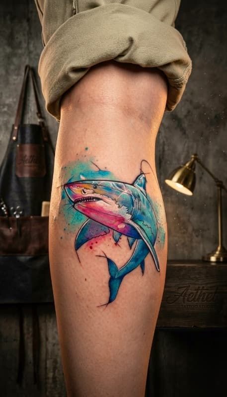Tatuaje de tiburón colorido en la pantorrilla de una persona, con tinta azul y rosa sobre un fondo de estudio.