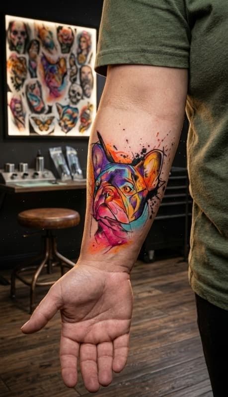 Tatuaje colorido en el antebrazo de una persona, expuesto en un estudio de tatuajes.