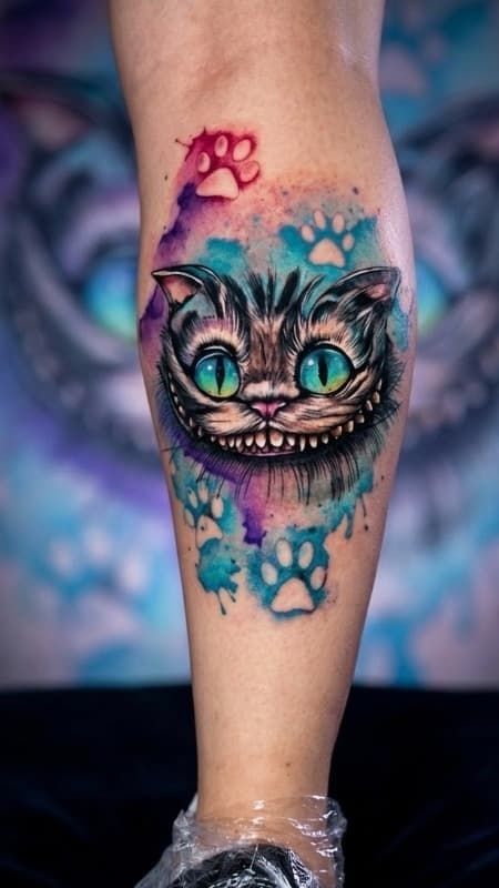 Tatuaje colorido del Gato de Cheshire en la parte inferior de la pierna con detalles en acuarela azul, rosa y negra.