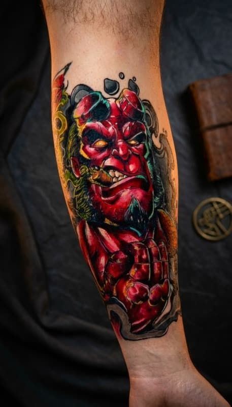 Tatuaje de demonio colorido en rojo y negro en un antebrazo, con ojos brillantes y detalles ornamentados.