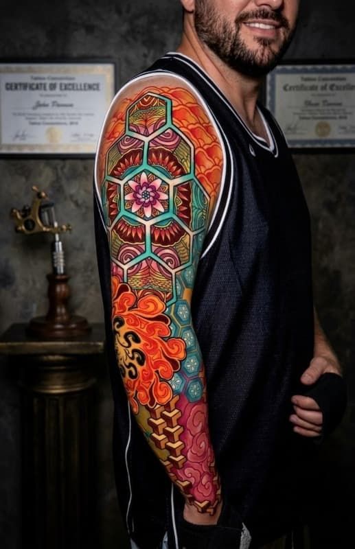 Hombre con camiseta negra sin mangas mostrando un tatuaje de mandala colorido en el brazo.