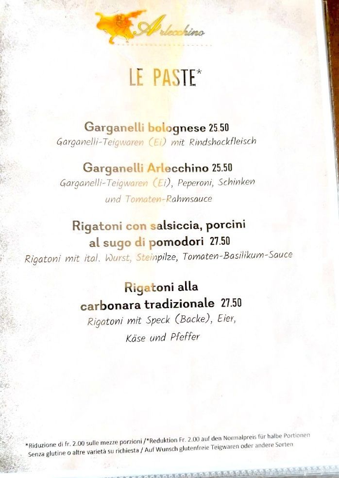 Speisekarte von "Le Paste" mit Pastagerichten und Preisen, in deutscher Sprache.