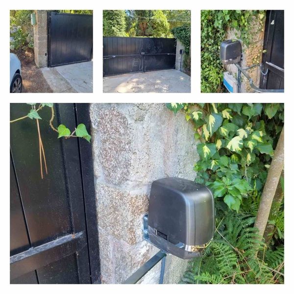 Puerta negra con abridor automático sujeta a un pilar de piedra. Otras vistas muestran la puerta y la vegetación circundante.