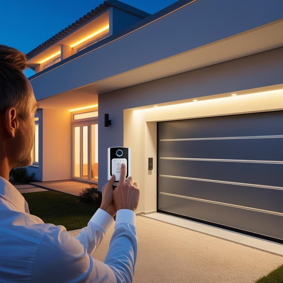 Hombre usa un control remoto para abrir una puerta de garaje por la noche, casa iluminada, luces cálidas.