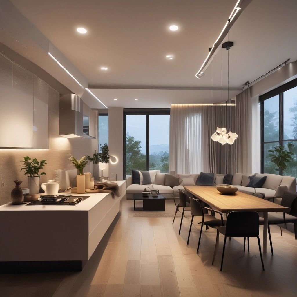 Moderna sala de estar de concepto abierto con cocina, comedor y zonas de estar. 