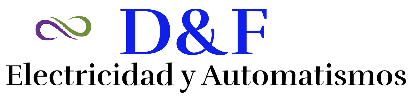 Logotipo de D&F Electricidad y Automatismos en texto azul con un remolino morado y verde.
