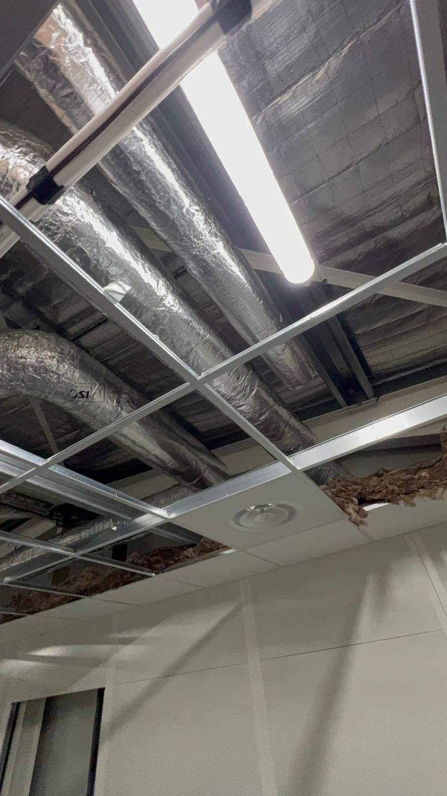 Ossature de plafond avec isolation apparente, un éclairage fluorescent et une dalle de plafond manquante.