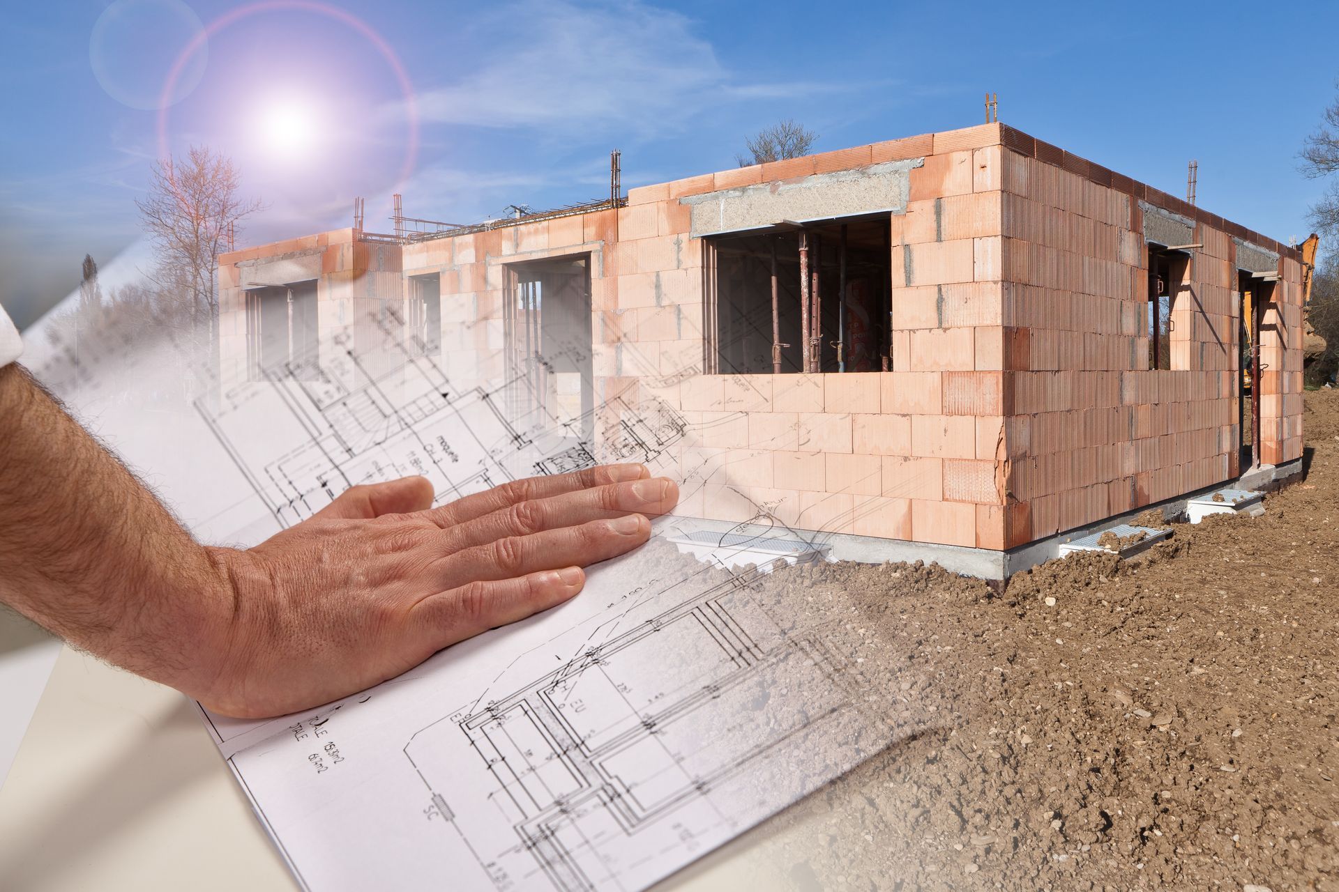 Main avec plan et maison en brique