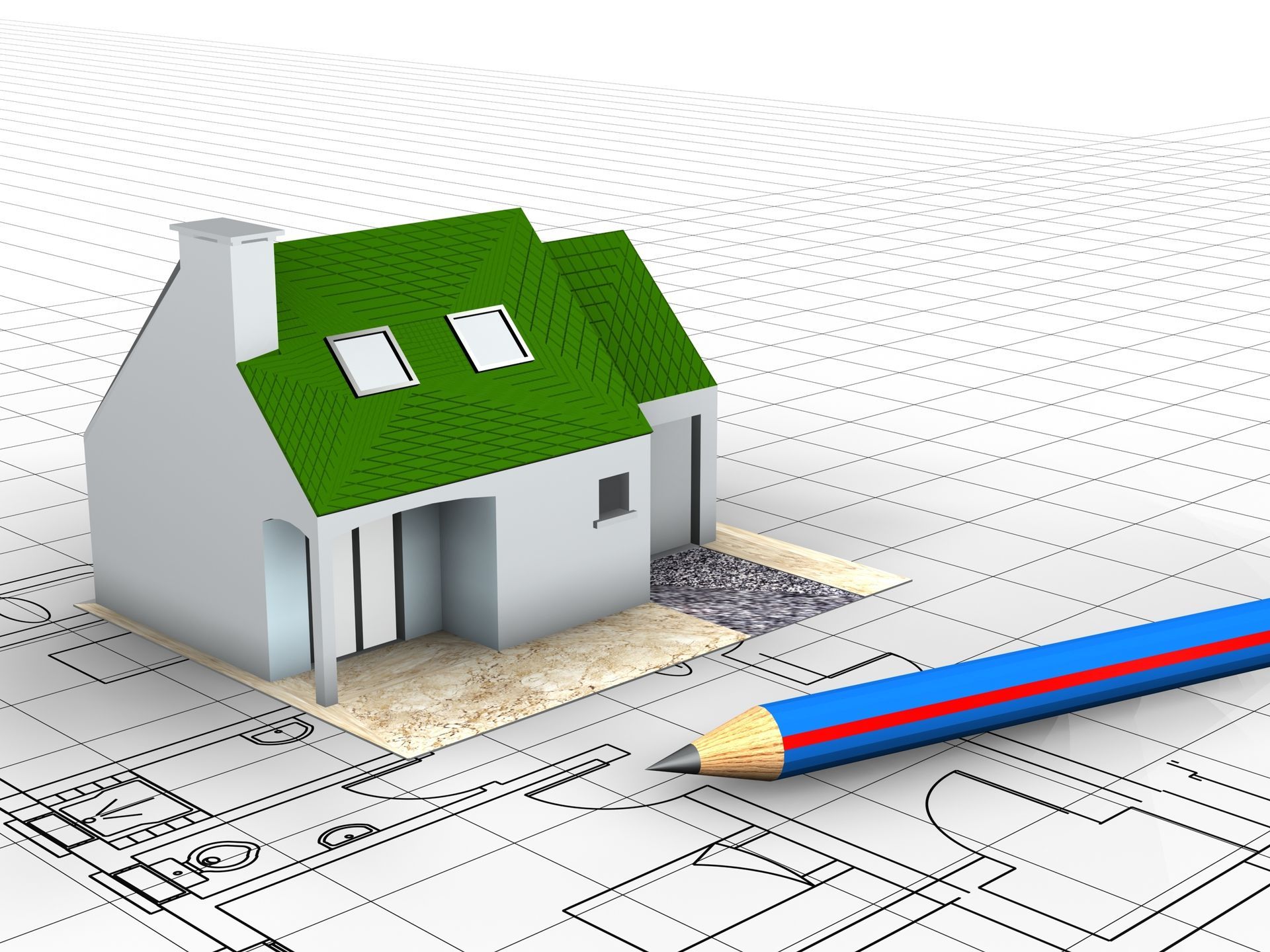 Maison avec isolation de toiture, crayon et plan.
