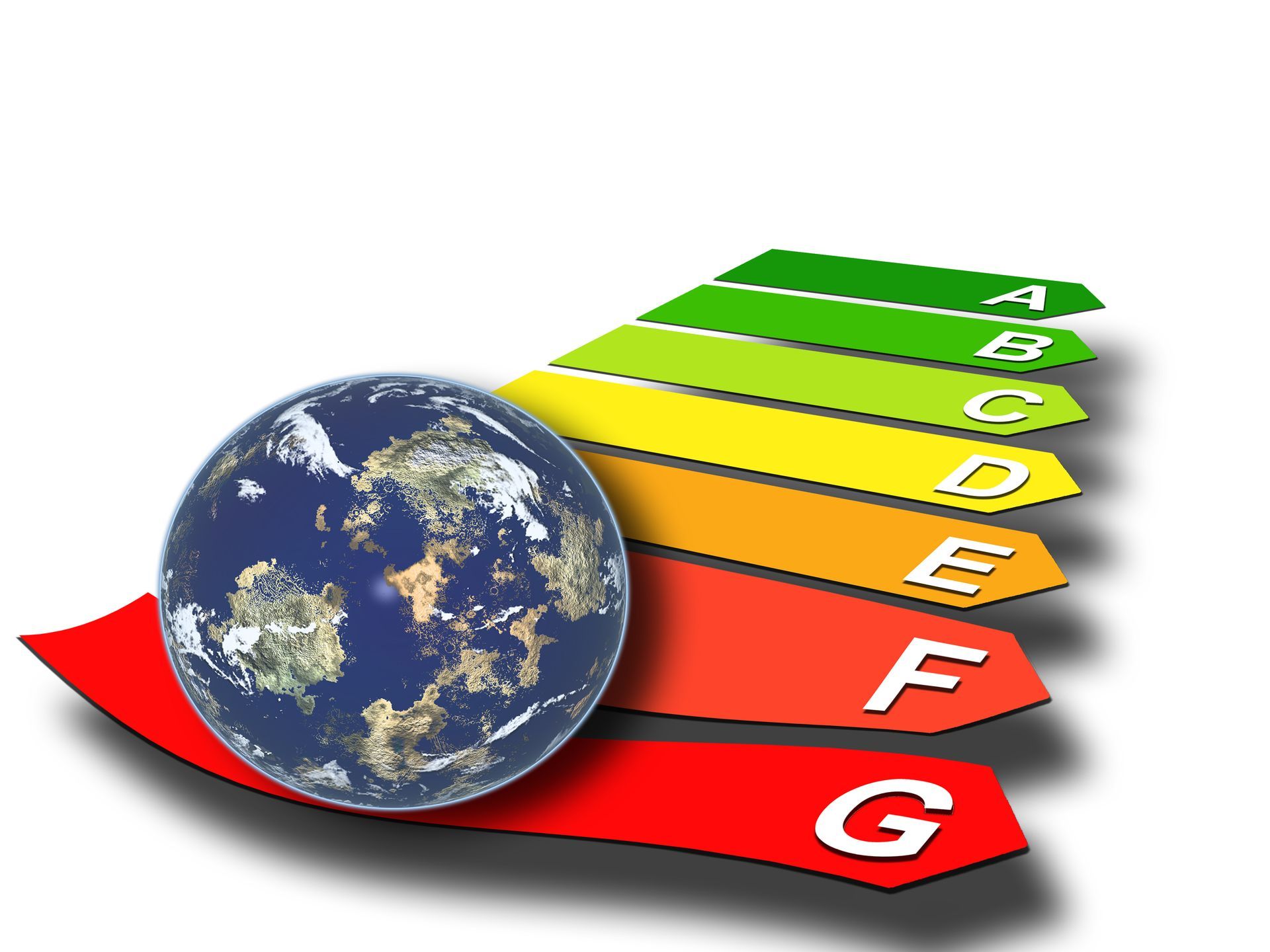 La Terre sur une étiquette d'efficacité énergétique classée de A à G du vert au rouge.