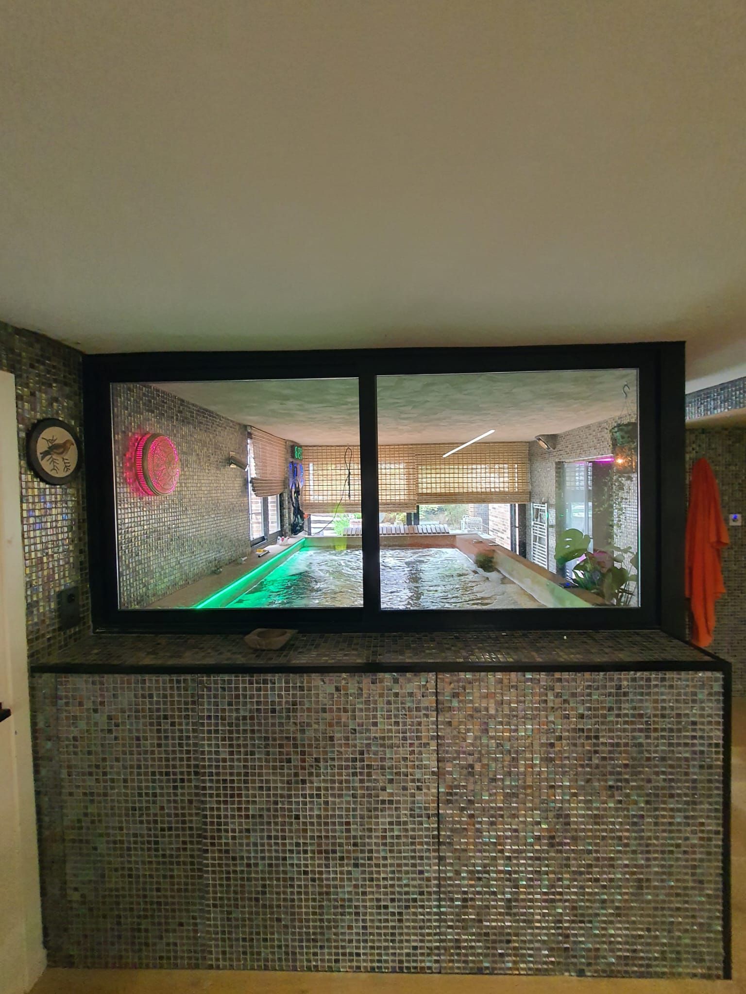 Piscina cubierta vista a través de un gran ventanal. Luces verdes se reflejan en el agua. El ventanal tiene un marco negro.