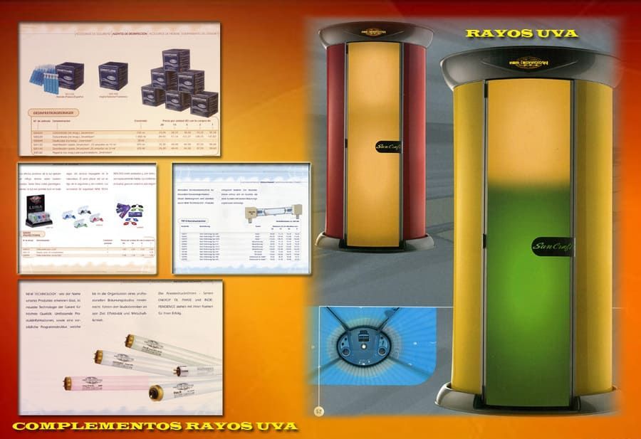 Folleto que muestra equipos de bronceado con rayos UV, incluidas cabinas de bronceado y componentes relacionados.