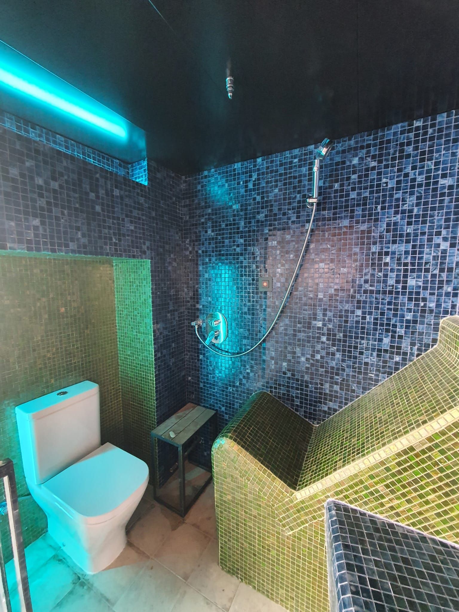 Baño con paredes de mosaico azul/dorado, inodoro blanco y un pequeño estante de metal debajo del cabezal de la ducha.
