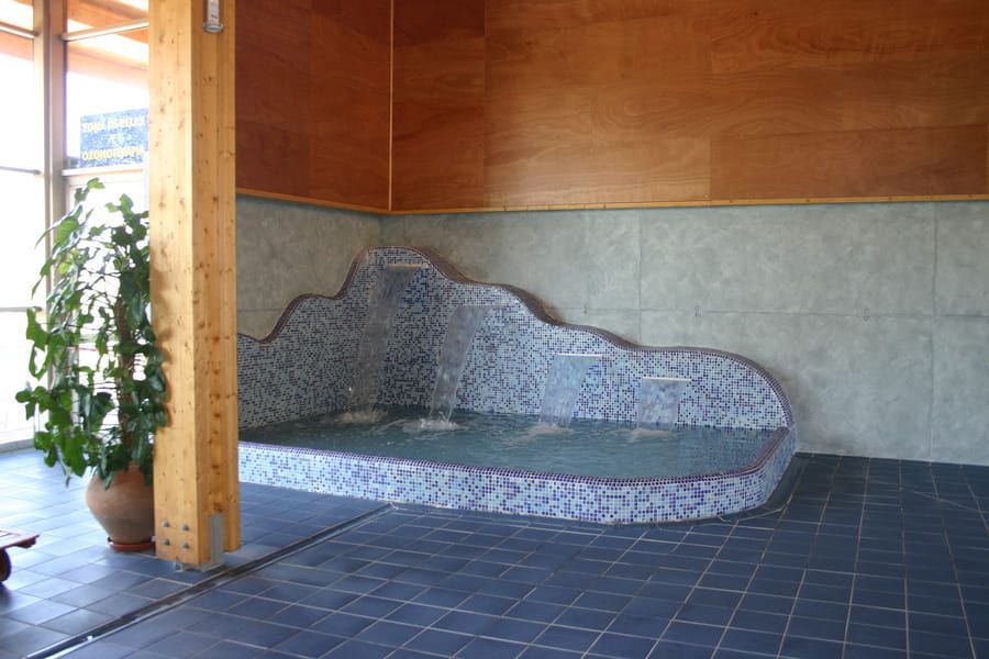 Zona de spa interior revestida con mosaicos azules y blancos, vigas de madera y una gran planta en maceta.