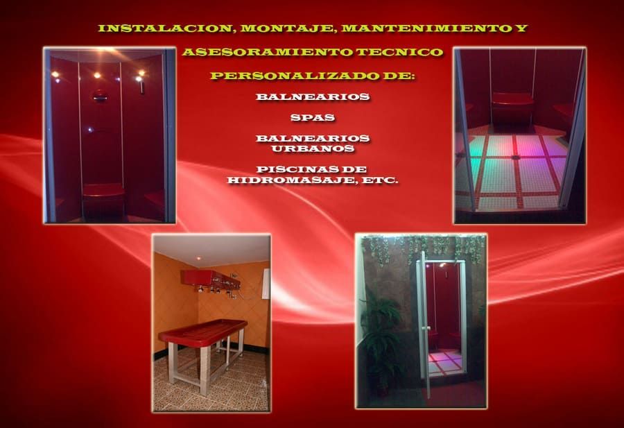 Fondo rojo con texto y fotos que promocionan la instalación, el mantenimiento y la consultoría de spas. Imágenes de áreas de spa.