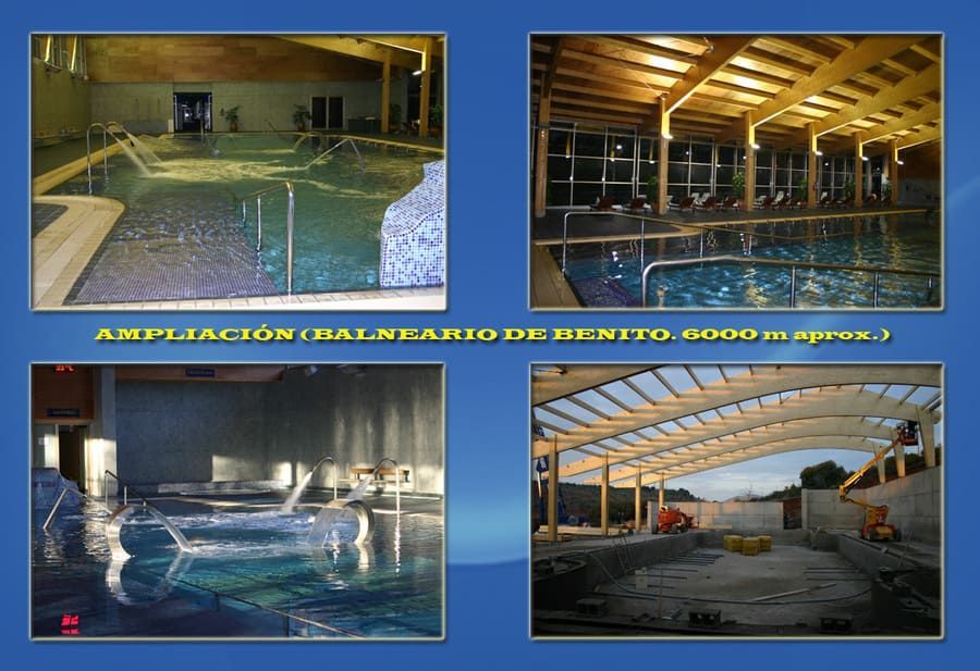 Cuatro vistas de la ampliación de la piscina: piscina interior, vigas de madera, fuentes de agua y obra.