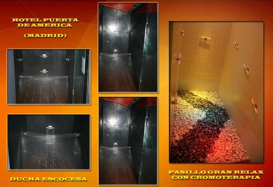 Diseño de ducha del Hotel Puerta América: tres vistas de una ducha; una con suelo de guijarros de colores.