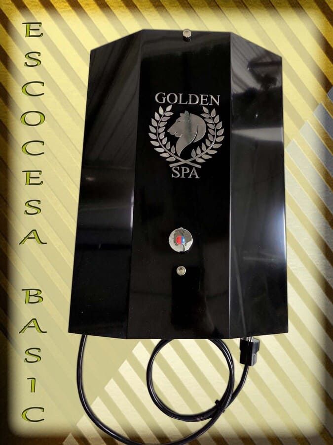 Calentador de agua Black Golden Spa con logotipo, indicador de temperatura y cable eléctrico.