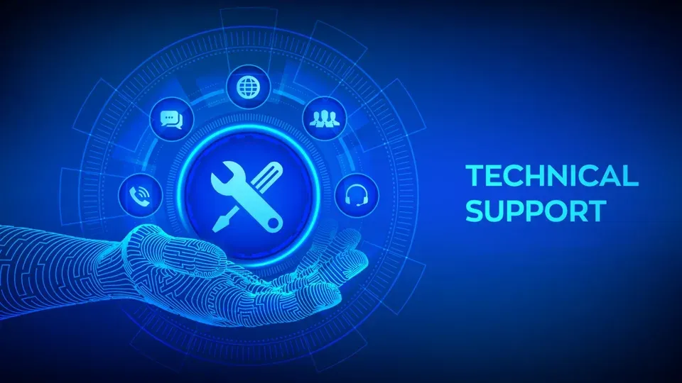 Mano digital azul que sostiene un icono de soporte técnico con iconos de servicio.