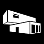 Ilustración de una casa moderna de dos pisos; blanca sobre fondo negro, con una sección superior rectangular desplazada respecto de la inferior.