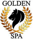 Logotipo de Golden Spa: cabeza de león negro dentro de una corona de laurel dorada; "GOLDEN" arriba, "SPA" abajo.