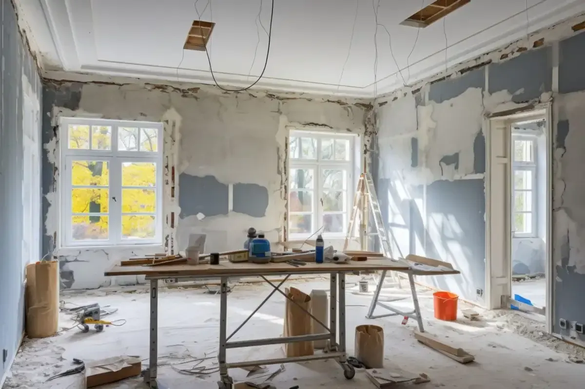 Habitación en reforma con paredes vistas, ventanas y mesa de trabajo en el centro.