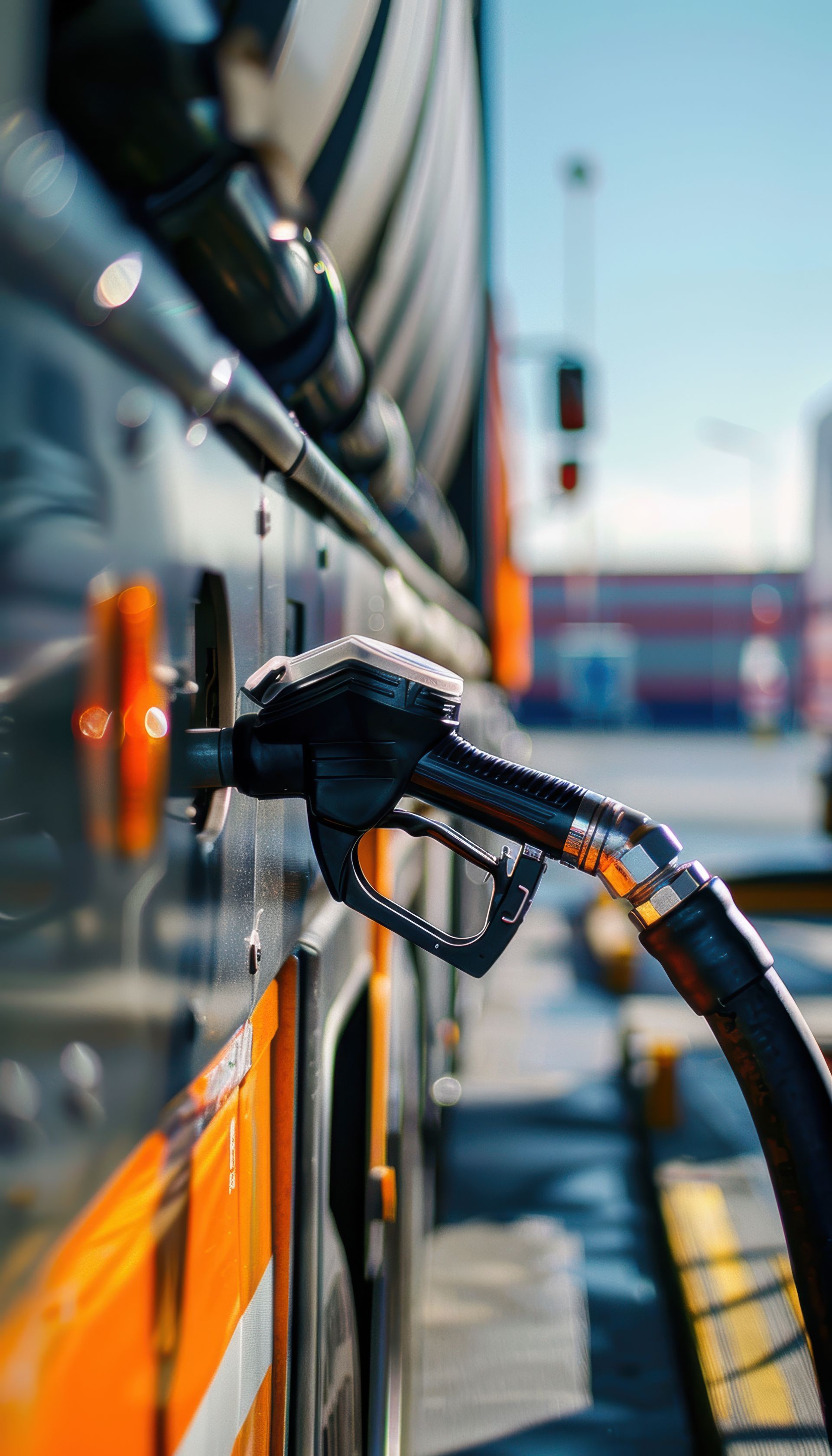 Pistolet de distribution de carburant remplissant un camion-citerne dans une station-service.