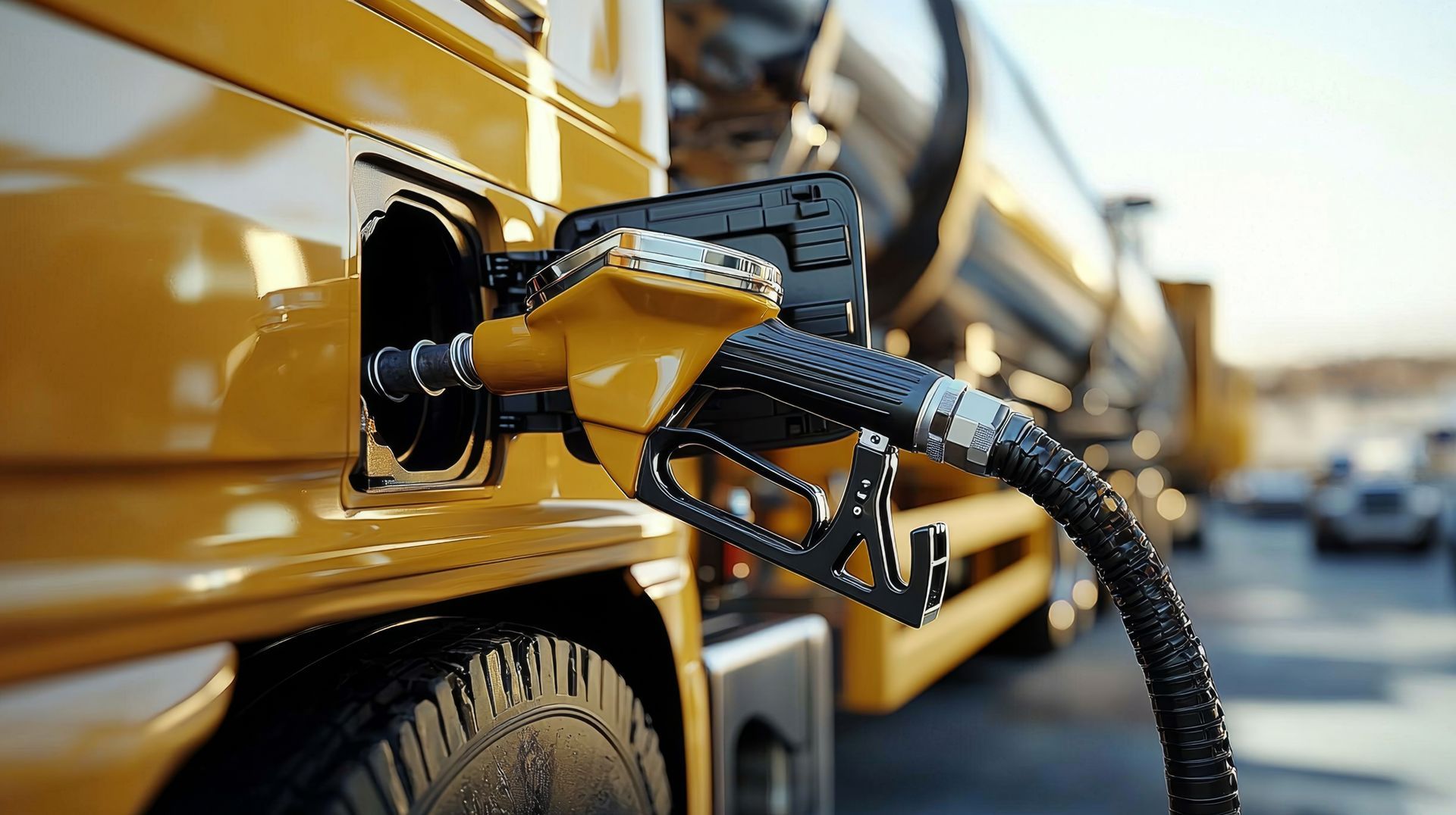 Pistolet de ravitaillement en carburant versant du carburant dans un camion jaune, à l'extérieur.