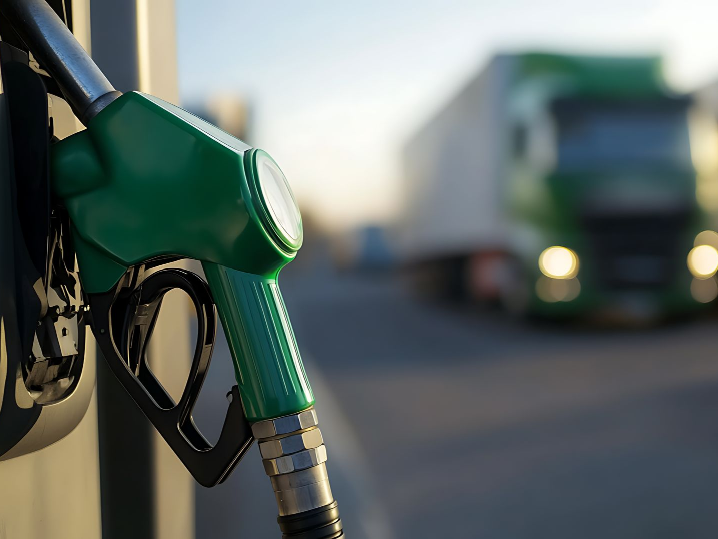 Pistolet de pompe à essence vert avec un camion vert flou en arrière-plan.