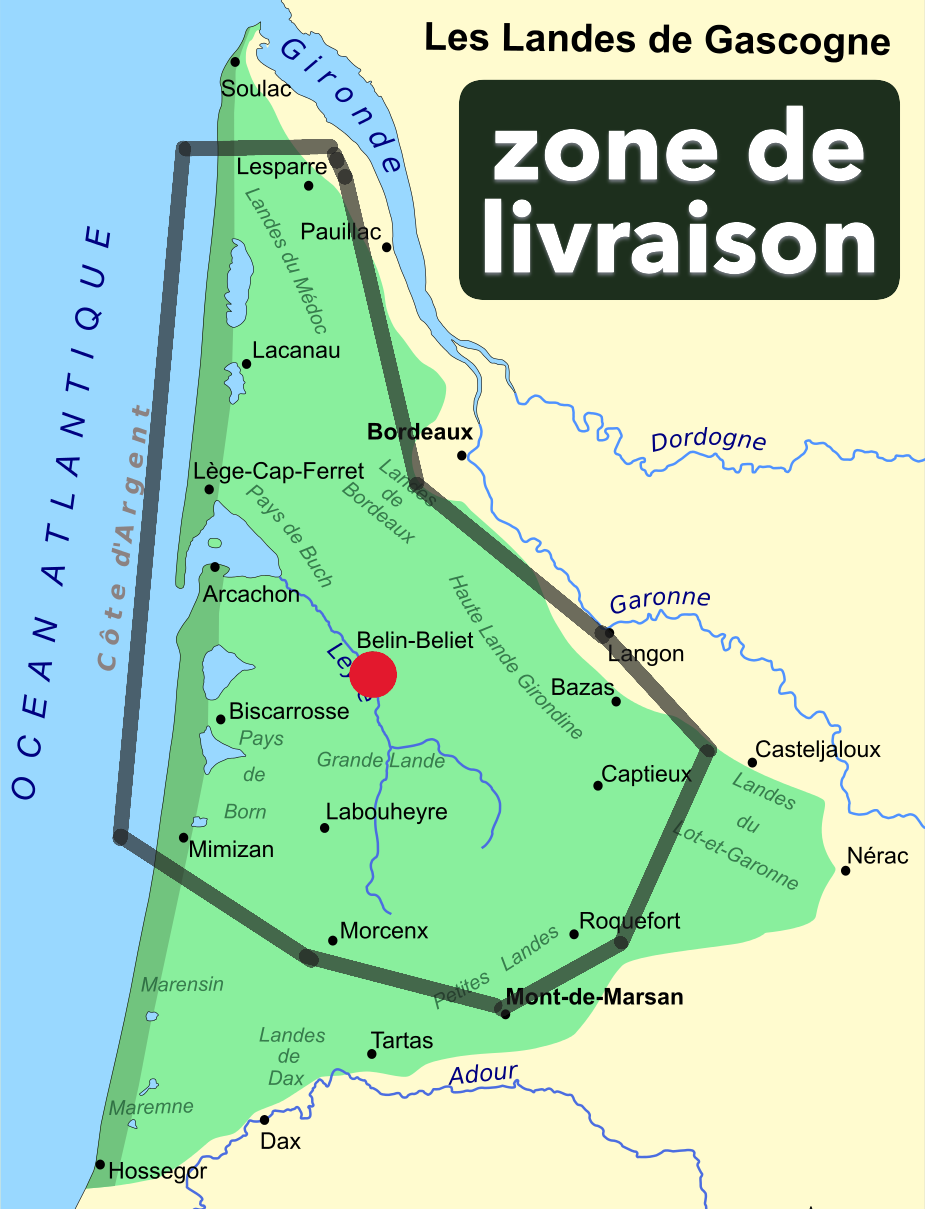 Carte des Landes de Gascogne avec une zone de livraison verte délimitée en noir. Un point rouge indique un emplacement central.