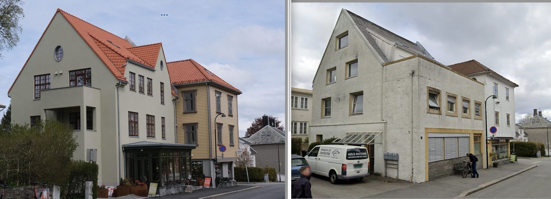 The house today, renovated, next to a photo of it before the renovation