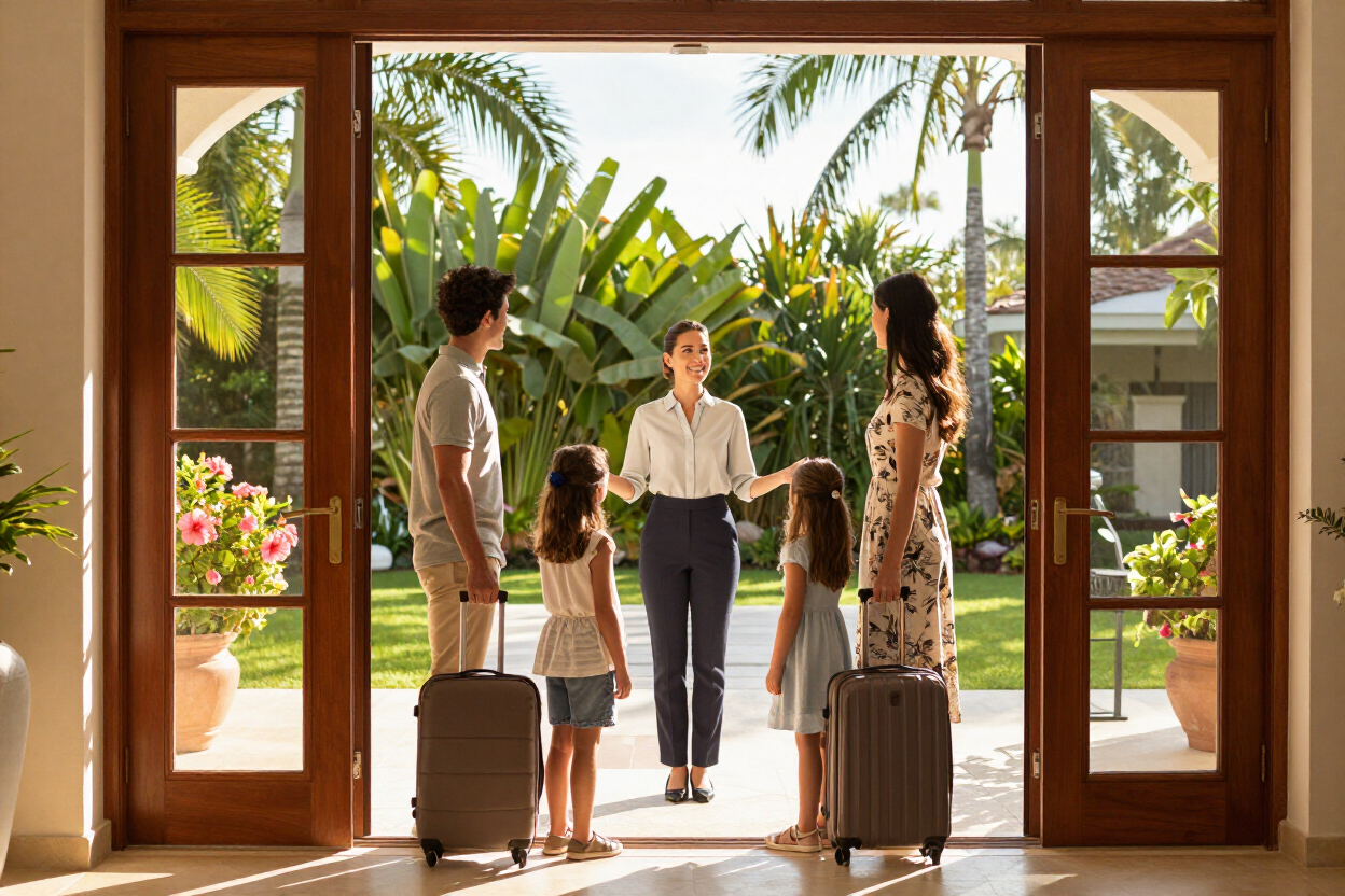 Host greeting a family with luggage at a villa entrance